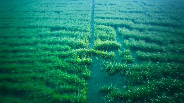Close-up of vibrant green grass blades with soft, blurred blue and green background