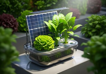 Small solar powered hydroponic garden growing leafy greens indoors