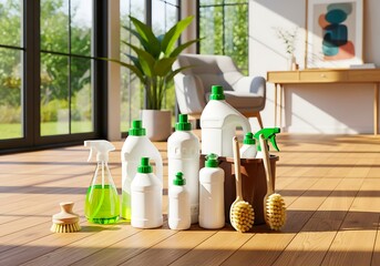 Cleaning supplies arranged on a wooden floor in a modern living space