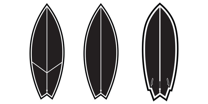 Three black and white surfboard outlines with fins and lines wave ocean water sport
