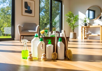Cleaning supplies arranged on a wooden floor in a bright modern living space
