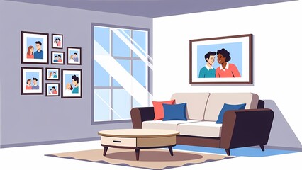 Fototapeta premium Living room interior illustration featuring a sofa, cushions, and framed portraits