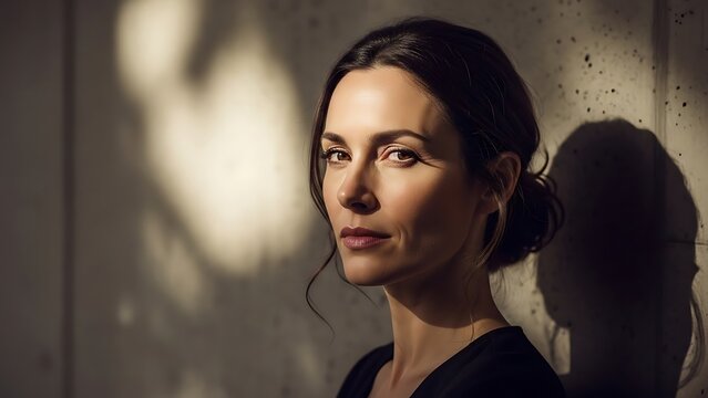 Portrait of a serious woman with dark hair looking directly at the camera with dramatic lighting.