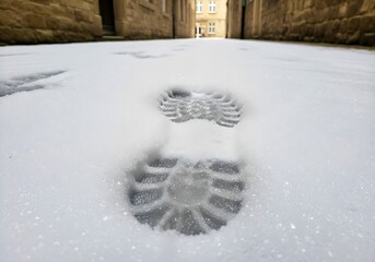 A single footprint imprinted in a thick layer of fresh white snow
