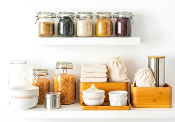 Assorted dry goods stored in glass jars and containers on shelves