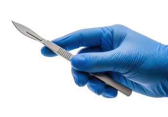 Hand in blue glove holding scalpel