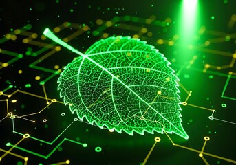 Glowing leaf superimposed on a digital circuit board background