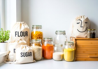 Pantry staples organized in glass jars and reusable cloth bags on a windowsill