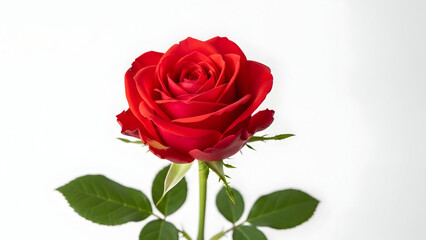 Fototapeta premium Single red rose with green leaves on white background