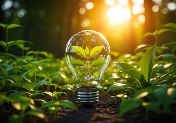 A glowing lightbulb encapsulates a sprouting plant in lush greenery