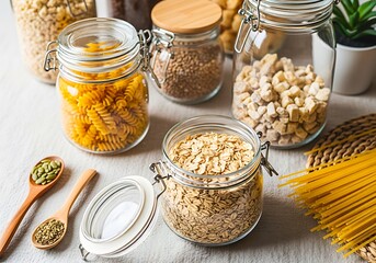 Assorted grains and pasta displayed in clear glass jars on a white surface