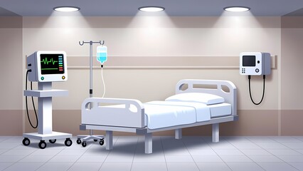 Fototapeta premium Hospital bed in a patient care room with monitor and IV stand