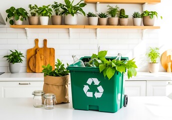 Indoor plants and a recycling bin in a bright modern kitchen setting