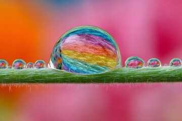Fototapeta premium Water droplets reflecting vibrant rainbow colors on a stem