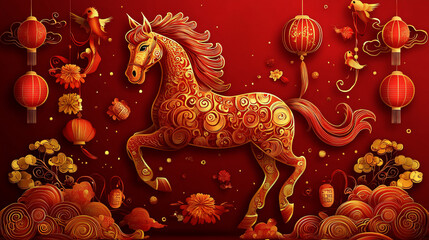 Obraz premium chinese new year background with a golden horse, red and gold paper 