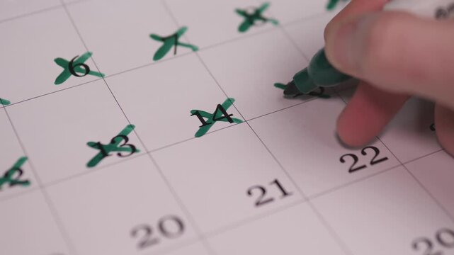 Calendar Hand Marks Calendar. Detailed Hand Annotating Calendar For Task Completion Streaks. Closeup Of Hand Indicating Days On Calendar With Colorful Marker For Achievement Tracking