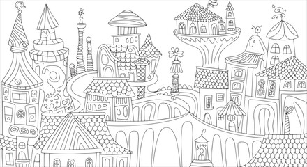Naklejka premium Whimsical Fantasy Cityscape Coloring Page with Unique Architectural Dwellings