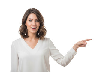 Woman pointing to the side with a friendly smile