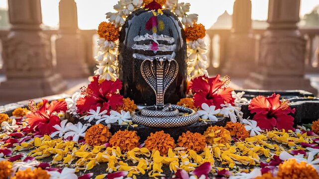 Sacred Shiva Lingam Adorned with Vibrant Flowers and Cobra Sculpture Bathed in Golden Sunrise Light During Religious Ceremony