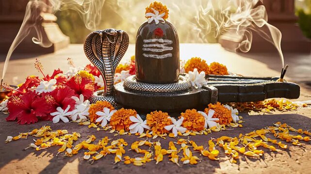Sacred Shiva Lingam adorned with vibrant flowers and incense smoke during a ritualistic outdoor ceremony bathed in warm sunlight illuminating intricate details and creating an aura of divine