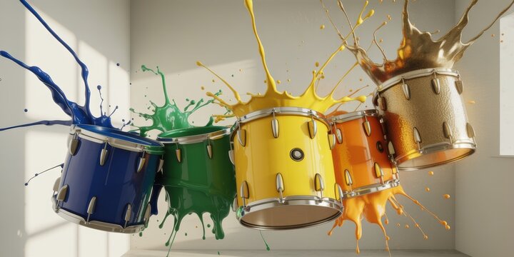 Colorful drums exploding with paint splashes in modern studio vibrant musical creativity and abstract percussion art concept