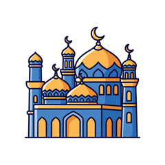 Obraz premium An illustration of a blue and gold mosque with domes and minarets stands tall.