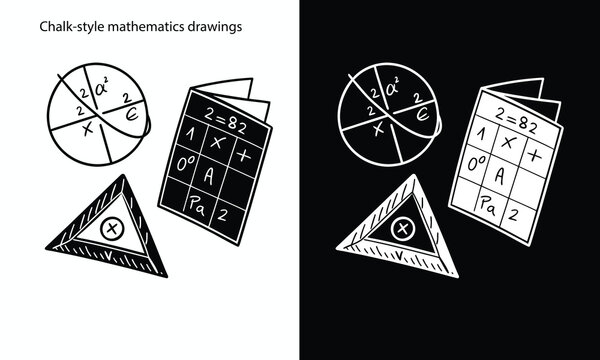 Mathematical chalk style icons on blackboard background with geometric shapes and formulas vector
