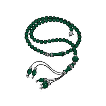 Green rosary beads with tassels on a white background for prayer or meditation purposes