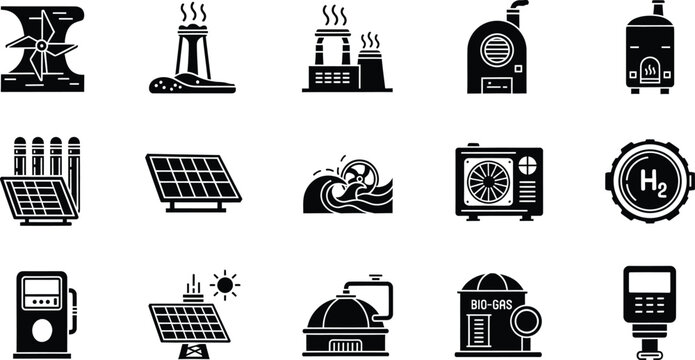 A comprehensive collection of icons representing various energy sources and power technologies