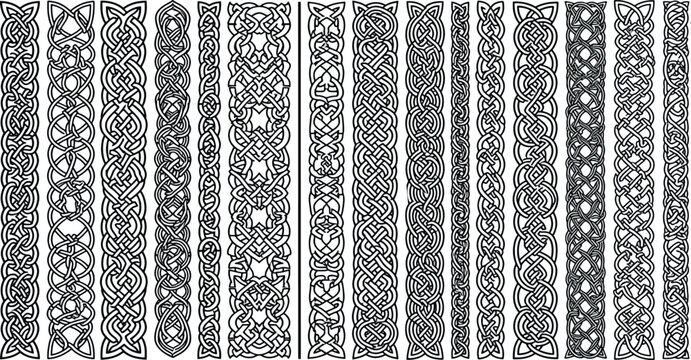 Celtic seamless borders. Antique border frames with braid pattern and celtic knots. Braided Irish ornaments, St Patricks Day card decoration.icon, eps