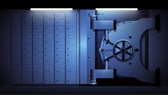 Blue toned vault door with wheel lock and bolted safe mechanism
