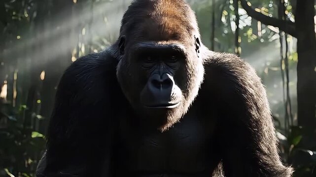 Cinematic Portrait of a Powerful Gorilla in Sun-Drenched Tropical Jungle, Rays of Light Filtering Through Trees, Majestic Wildlife in Natural Habitat
