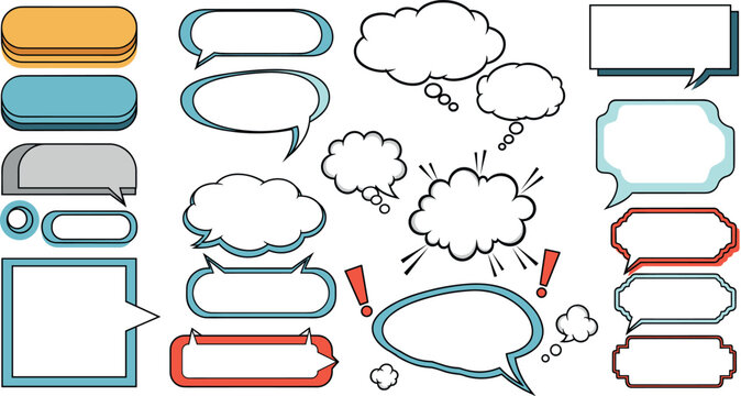 Modern comic speech bubble and dialogue box set with 3D effect and colorful frames for pop art web design.
