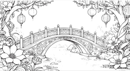 Fototapeta premium Detailed Japanese Garden Scene with Traditional Arch Bridge and Lanterns Coloring Page