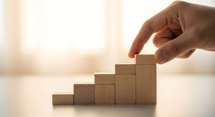 Hand organizing wooden blocks into staircase formation, progress and consistency concept, clean minimal environment, soft blurred light background,