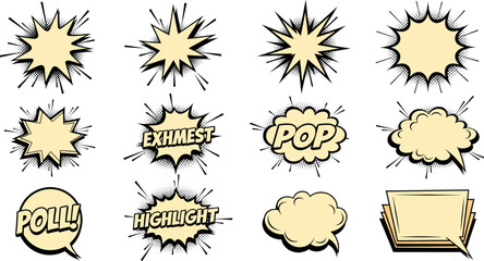 Retro comic book action starburst set with pop and highlight text bubbles for pop art graphic novel design vector. © Ahmed Sahid
