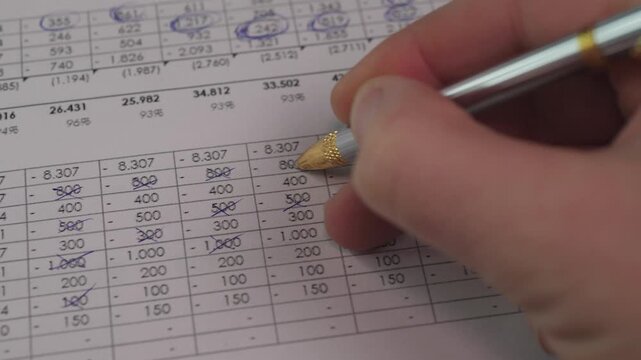 Person Updating Financial Ledger Entries. Caucasian Hand Modifying Accounting Records On Table. Closeup Scene Of Hand Editing And Correcting Entries On Financial Record Book With Pen