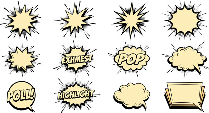 Retro comic book action starburst set with pop and highlight text bubbles for pop art graphic novel design vector.