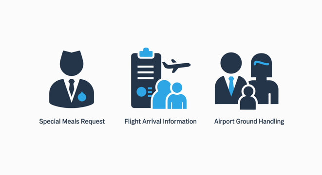 Icons for airline and travel services: special meals request, flight arrival information with airplane and people, and airport ground handling crew.