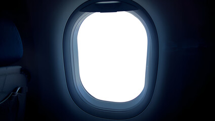 Obraz premium Deep Blue Atmosphere Airplane Window View with Transparent Center, Evening Flight Aviation Mockup, Professional Aircraft Interior Design Element for Travel Industry Marketing
