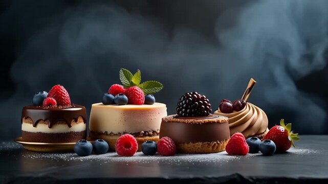 Assorted Gourmet Desserts On Glass Plates With Soft Bokeh Lights HD