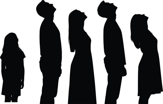 Silhouettes of diverse people looking upwards against a white background woman child