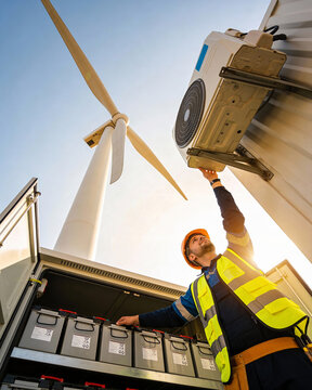 Engineer maintaining energy storage system near wind turbine, renewable energy and sustainable power infrastructure