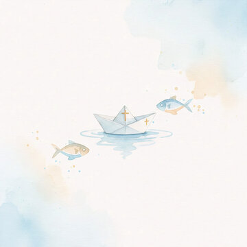 Watercolor paper boat and ichthys fish illustration for first communion