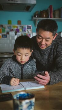 Father helps his son with homework using a smartphone for reference at the kitchen table