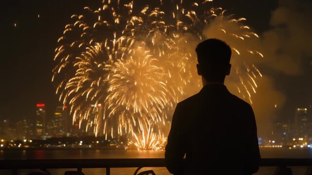 Silhouette Man Watching Golden Fireworks Over City Skyline At Night
