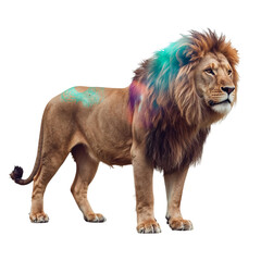 Fototapeta premium Lion Stands Proudly Showing Strong Muscles and Thick Mane During Bright Daylight