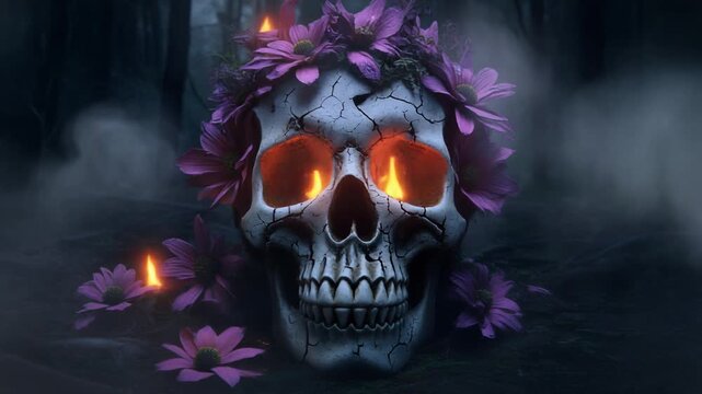 Day of the Dead Sugar Skull with Marigold Flowers Glowing Cinematic