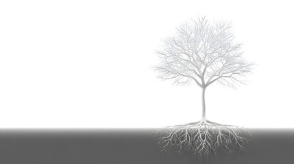 Obraz premium Bare Tree's Silent Strength: A minimalist monochrome composition captures the resilience of a bare tree, its intricate roots exposed, set against a stark backdrop that emphasizes its quiet endurance.