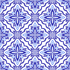 Mediterranean blue seamless pattern on white background. Azulejo, talavera or majolica tile. Portuguese, Moroccan, Sicilian, Spanish folk motifs. Geometric mosaic, floral ornament. Vector illustration